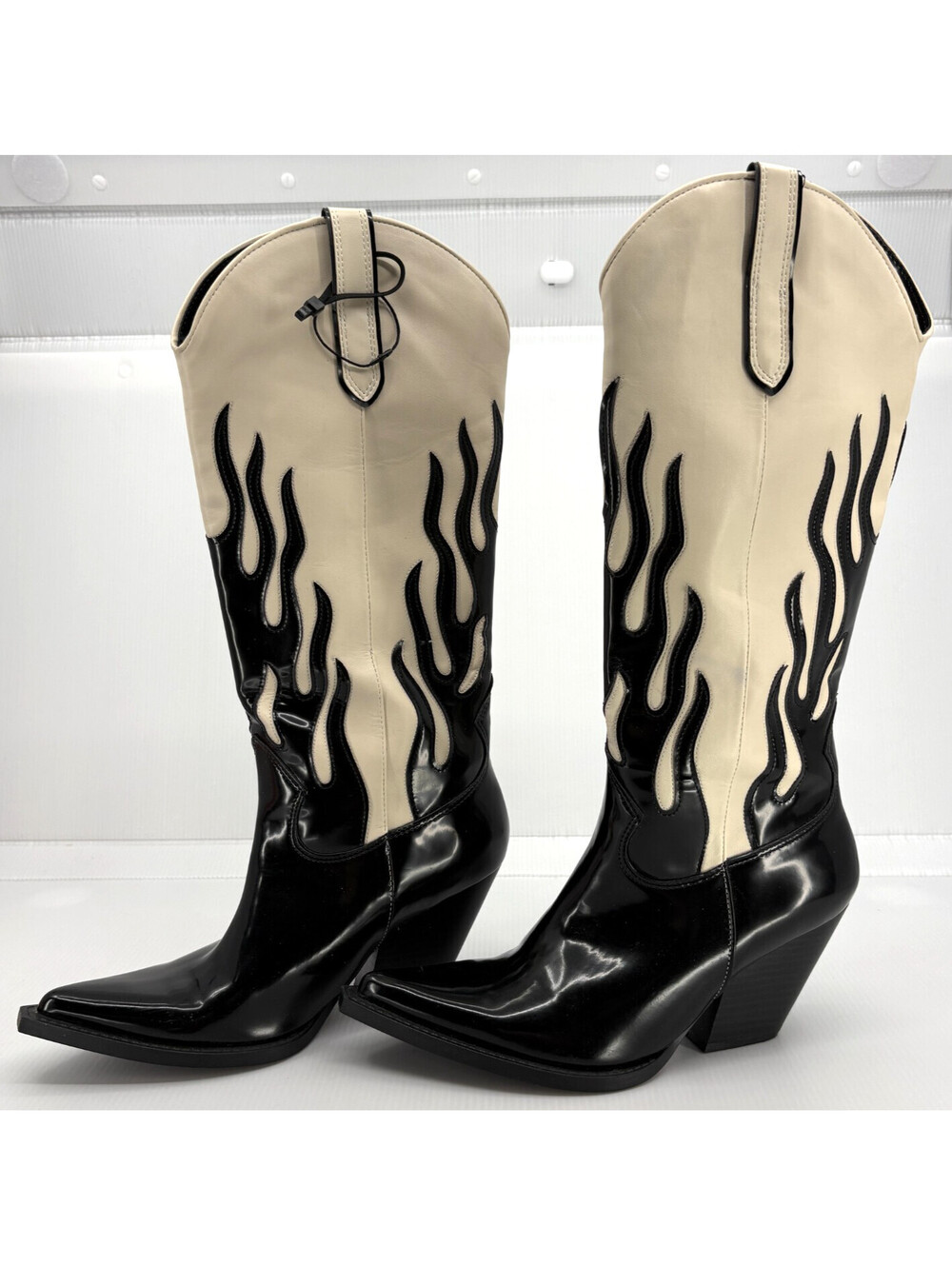 Zara Women's 39 Black Cream Flame Knee High Cowboy Boots Square Toe Block Heel